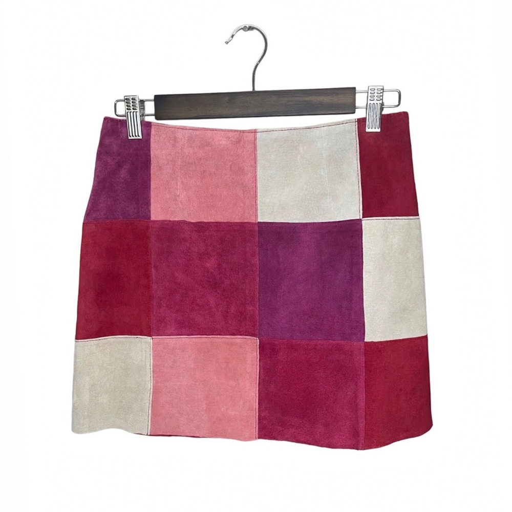 Vintage 90s Express World Brand Suede Mini Skirt Patchwork Mod Pink & Cream